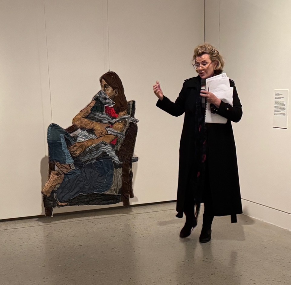 Julia Gutman’s soft suspended sculpture is made with found fabrics.